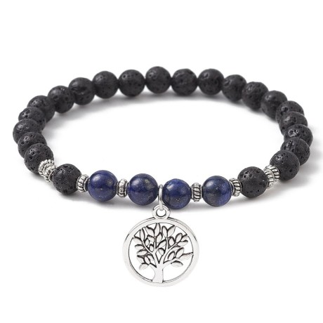 Bracelet with Lava Stone and Lapis Lazuli with Tree of Life Pendant